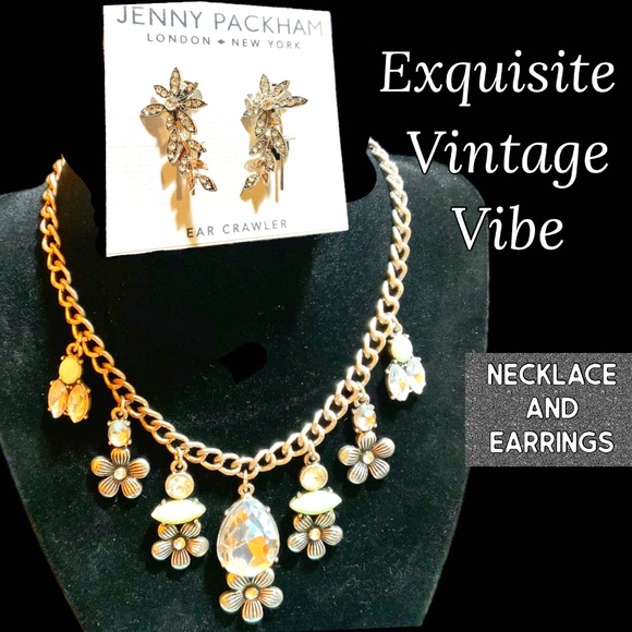 Vintage Silver Floral Jeweled STATEMENT NECKLACE NWOT ⭐️CRYSTAL EARRINGS - Picture 2 of 15